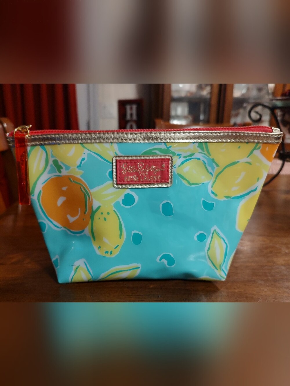 Estee Lauder Turquoise Lemon Print Cosmetic Pouch with Gold Trim